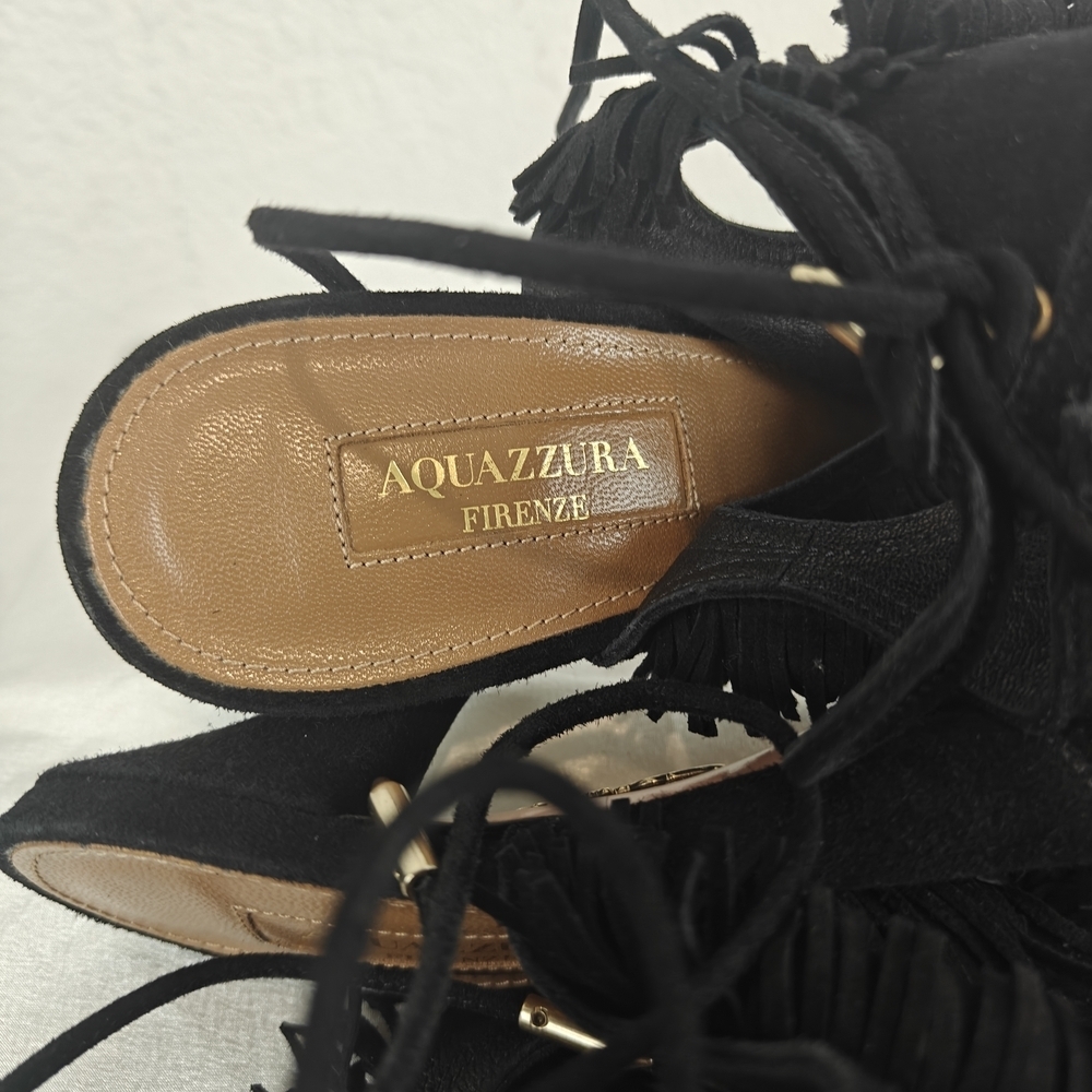 Aquazzura Sexy Fringe 105 Black Suede Cutout Sandal Heels 37.5/7.5 Women's - Picture 14 of 15